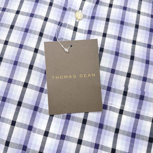 Thomas‎ Dean Short Sleeve Button Up Shirt Men’s Size Medium Purple Plaid Career - Picture 6 of 10